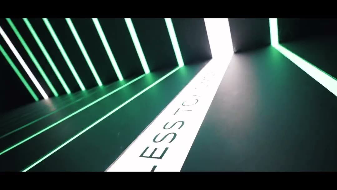 Title-sequence render: a dark corridor lined with green light strips
